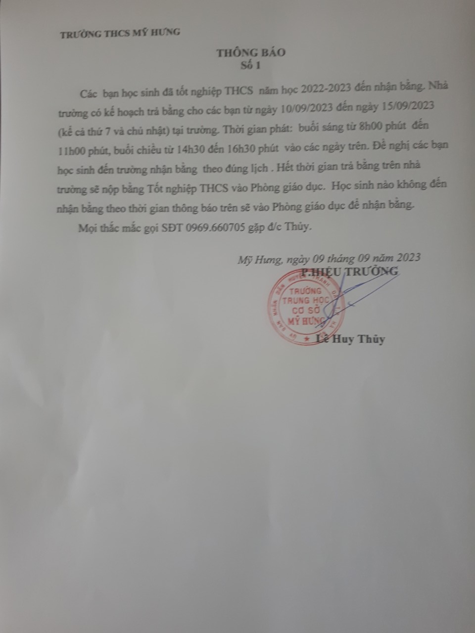 Thông báo trả bằng tốt nghiệp cho học sinh